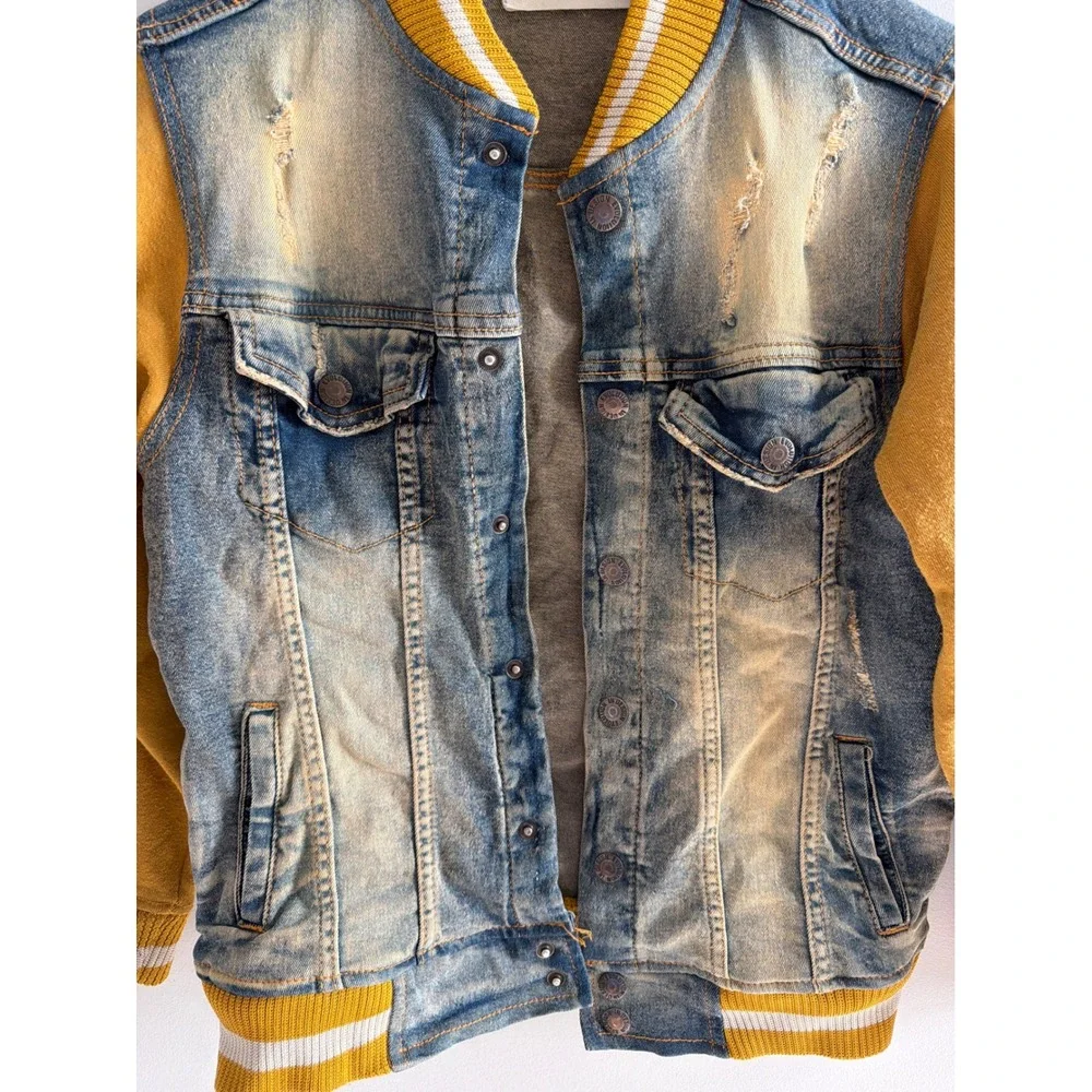 Evolution In Design Boys Varsity Denim Jacket Distressed Blue Yellow L 14-16